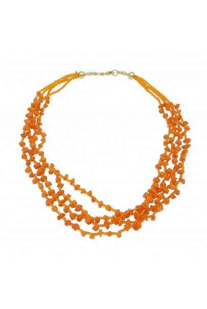 Orange Agate Stone Seed Glass Bead 4 Rows Brass Gold Plated Necklace